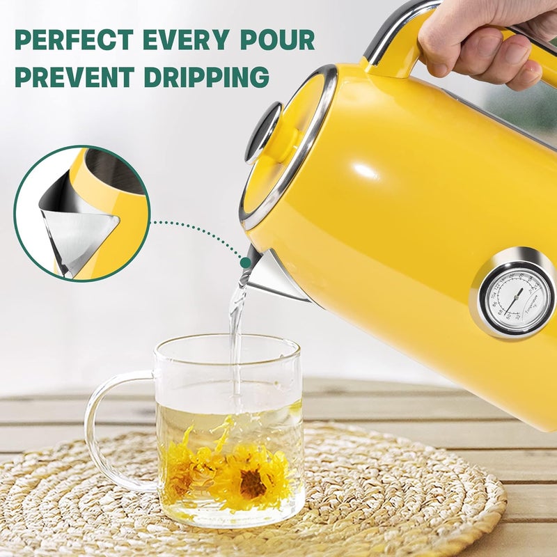 susteas Electric Kettle - 57oz Hot Tea Kettle Water Boiler with Thermometer, 1500W Fast Heating Stainless Steel Tea Pot, Cordless with LED Indicator, Auto Shut-Off & Boil Dry Protection, Retro Yellow - Image 3